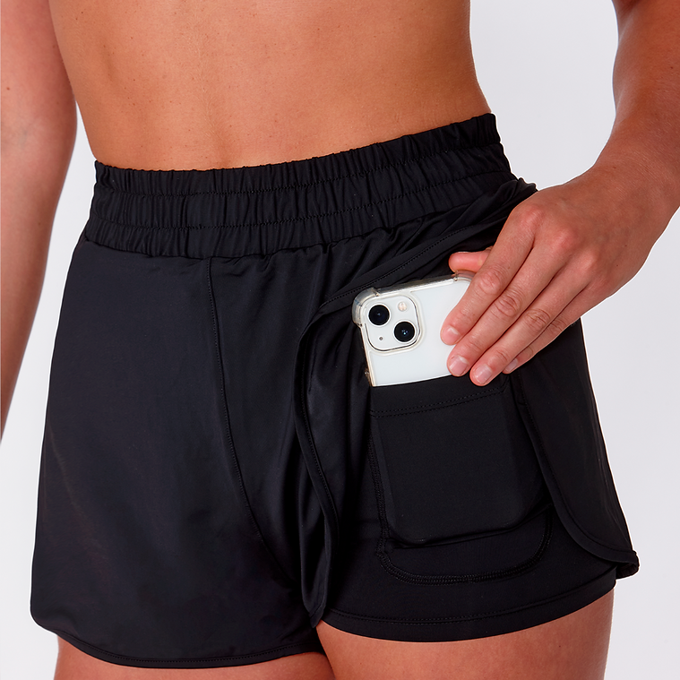 black layered shorts with a pocket 