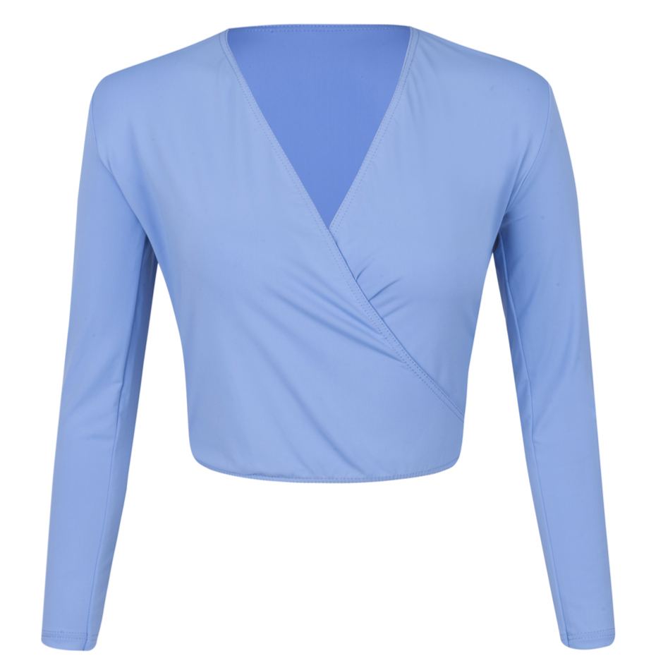 Powder Blue Alycia crossover wrap cardigan is a versatile essential for the Royal Academy of Dance (RAD) uniform across all grades. Embodying the balletcore aesthetic, this regulation crossover features a flattering tie-waist and long sleeves for a professional, streamlined look. Crafted for breathable comfort, it aligns with the trend for sustainable, high-performance dancewear. Perfect for warm-ups and exams, it provides an elevated, modest layer for every aspiring dancer.