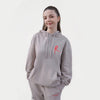 Stone hoodie with a drawstring and a kangaroo pocket. Arabesque R on chest and Royal Academy of Dance on cuff in red. 