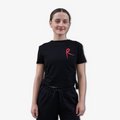 Black ruched t-shirt with a red arabesque R logo on left chest area, Royal Academy of Dance