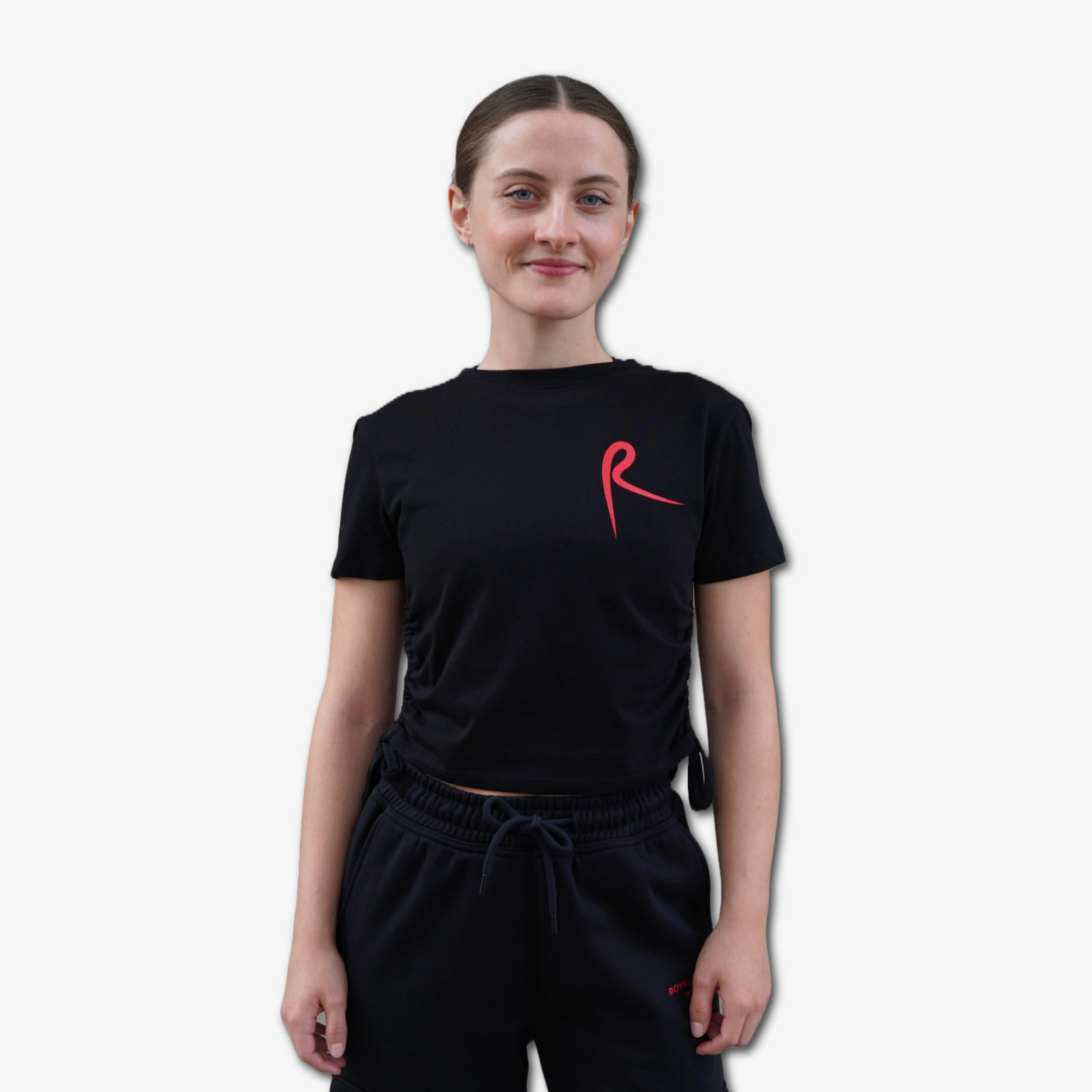 Black ruched t-shirt with a red arabesque R logo on left chest area, Royal Academy of Dance