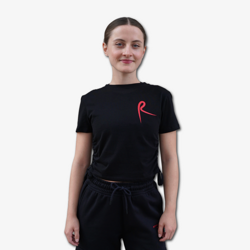 Black ruched t-shirt with a red arabesque R logo on left chest area, Royal Academy of Dance