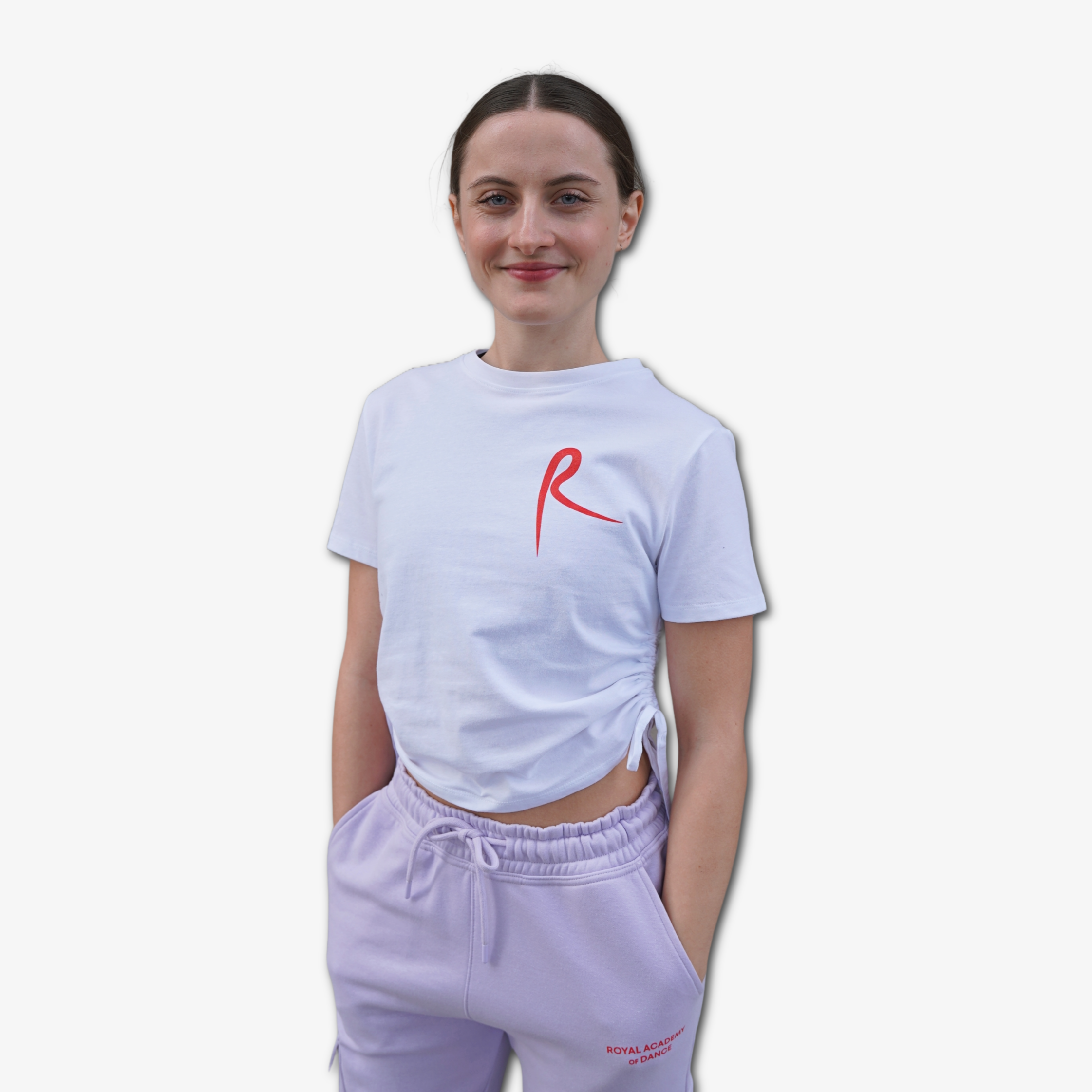 White ruched t-shirt with a red arabesque R logo on left chest area, Royal Academy of Dance