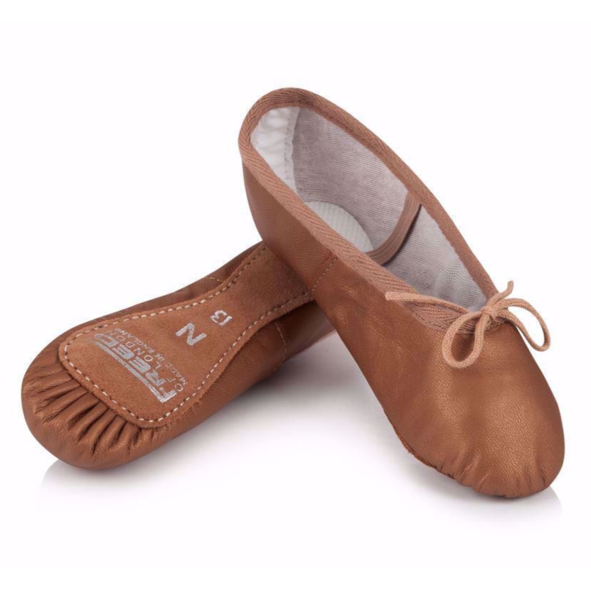 RAD approved bronze leather ballet shoes designed for durability and foot strength. These technical slippers feature a full suede sole and pre-sewn elastics, making them a standard requirement for Royal Academy of Dance examination uniforms. The high-quality leather upper provides essential support for all grades. As technical dance footwear fits differently than fashion shoes, refer to the sizing guide and consider ordering one size larger than your street shoe for a professional fit