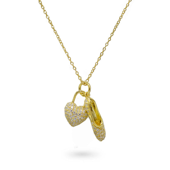 CZ Love Dance Heart & Shoe Necklace Gold