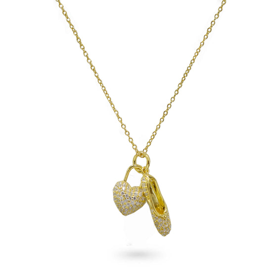 CZ Love Dance Heart & Shoe Necklace Gold