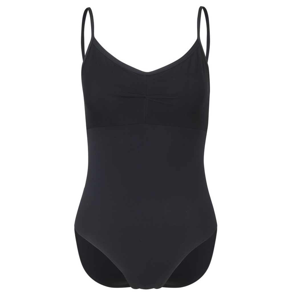 Black Callie leotard is the official RAD vocational grade female ballet uniform, blending a professional balletcore aesthetic with sustainable dancewear standards. Crafted from eco-friendly ECONYL recycled fabric, the camisole features elegant mesh overlay panels and knot ruches. This regulation wear offers a modern silhouette and breathable comfort.