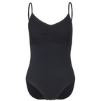 Black Callie leotard is the official RAD vocational grade female ballet uniform, blending a professional balletcore aesthetic with sustainable dancewear standards. Crafted from eco-friendly ECONYL recycled fabric, the camisole features elegant mesh overlay panels and knot ruches. This regulation wear offers a modern silhouette and breathable comfort.