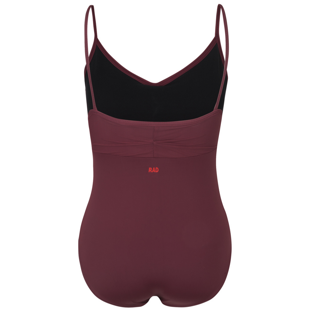 Burgundy Callie leotard is the official RAD vocational grade female ballet uniform, blending a professional balletcore aesthetic with sustainable dancewear standards. Crafted from eco-friendly ECONYL recycled fabric, the camisole features elegant mesh overlay panels and knot ruches. This regulation wear offers a modern silhouette and breathable comfort.