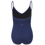Navy Callie leotard is the official RAD vocational grade female ballet uniform, blending a professional balletcore aesthetic with sustainable dancewear standards. Crafted from eco-friendly ECONYL recycled fabric, the camisole features elegant mesh overlay panels and knot ruches. This regulation wear offers a modern silhouette and breathable comfort.