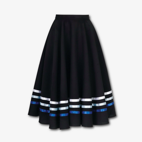 A professional RAD character skirt for ballet class, featuring a high-quality black circular design with elegant blue ribbon detailing. Perfect for the balletcore aesthetic, this exam-approved uniform is crafted for freedom of movement during character dance work. The mid-calf length and satin ribbons meet Royal Academy of Dance standards for all ballet grades, offering a flattering silhouette and adjustable velcro fastening.