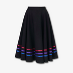 A professional RAD character skirt for ballet class, featuring a high-quality black circular design with elegant bright ribbon detailing. Perfect for the balletcore aesthetic, this exam-approved uniform is crafted for freedom of movement during character dance work. The mid-calf length and satin ribbons meet Royal Academy of Dance standards for all ballet grades, offering a flattering silhouette and adjustable velcro fastening.