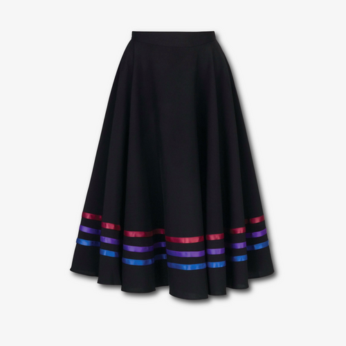 A professional RAD character skirt for ballet class, featuring a high-quality black circular design with elegant bright ribbon detailing. Perfect for the balletcore aesthetic, this exam-approved uniform is crafted for freedom of movement during character dance work. The mid-calf length and satin ribbons meet Royal Academy of Dance standards for all ballet grades, offering a flattering silhouette and adjustable velcro fastening.