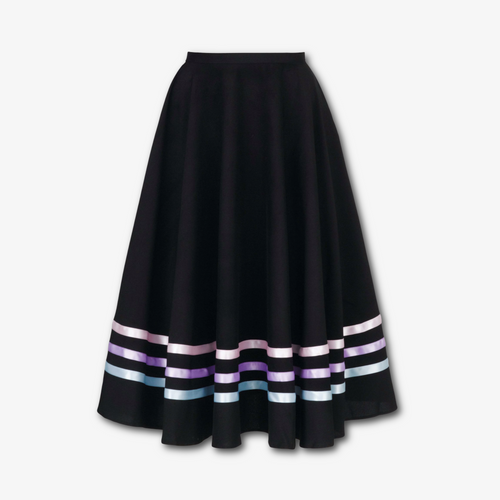 A professional RAD character skirt for ballet class, featuring a high-quality black circular design with elegant pastel ribbon detailing. Perfect for the balletcore aesthetic, this exam-approved uniform is crafted for freedom of movement during character dance work. The mid-calf length and satin ribbons meet Royal Academy of Dance standards for all ballet grades, offering a flattering silhouette and adjustable velcro fastening.
