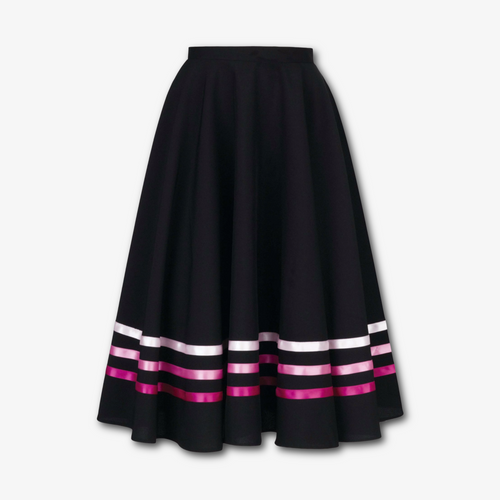 A professional RAD character skirt for ballet class, featuring a high-quality black circular design with elegant pink ribbon detailing. Perfect for the balletcore aesthetic, this exam-approved uniform is crafted for freedom of movement during character dance work. The mid-calf length and satin ribbons meet Royal Academy of Dance standards for all ballet grades, offering a flattering silhouette and adjustable velcro fastening.
