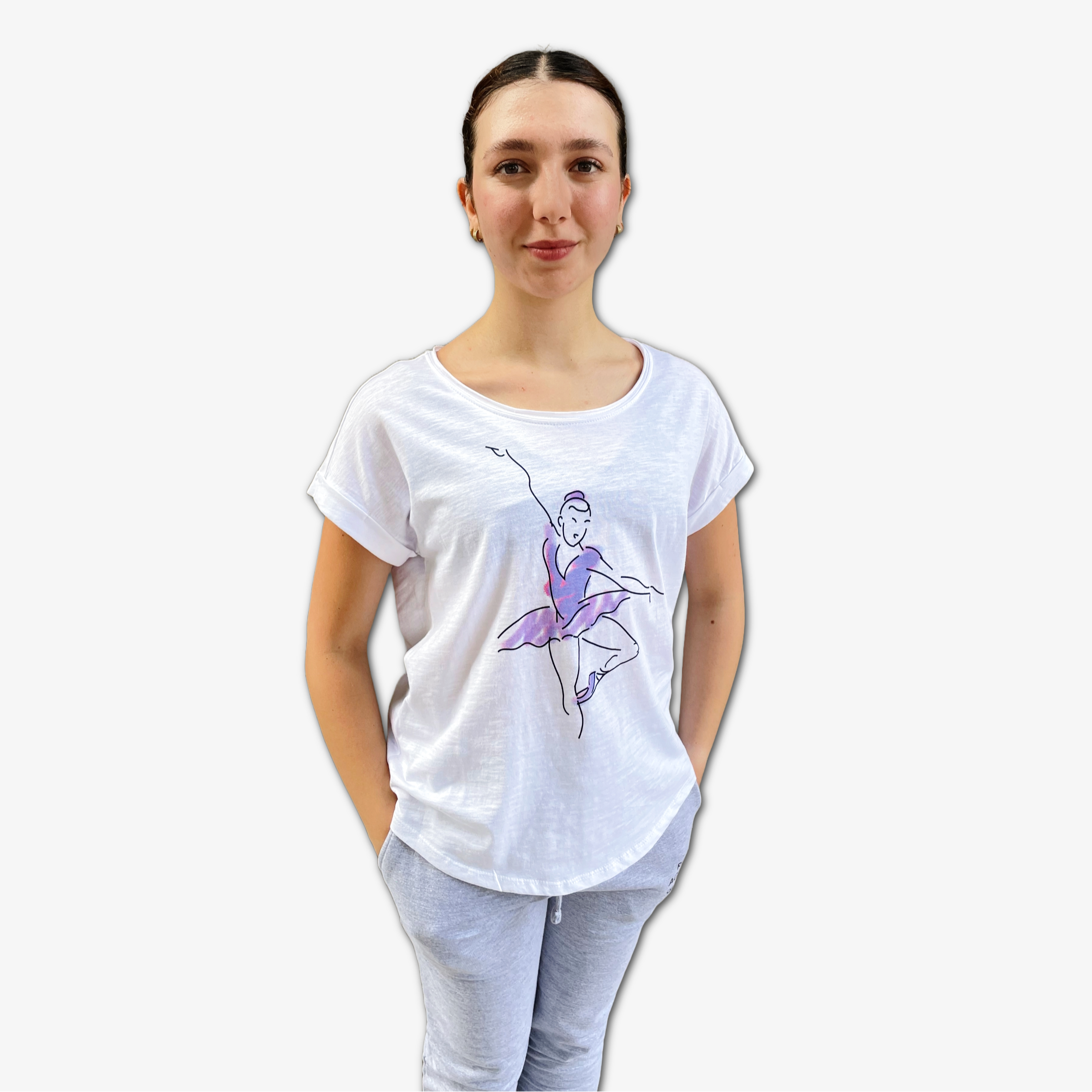 Unisex white t-shirt with a lilac and purple watercolour ballerina design, Royal Academy of Dance