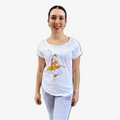White t-shirt with a yellow and red watercolour ballerina design, Royal Academy of Dance