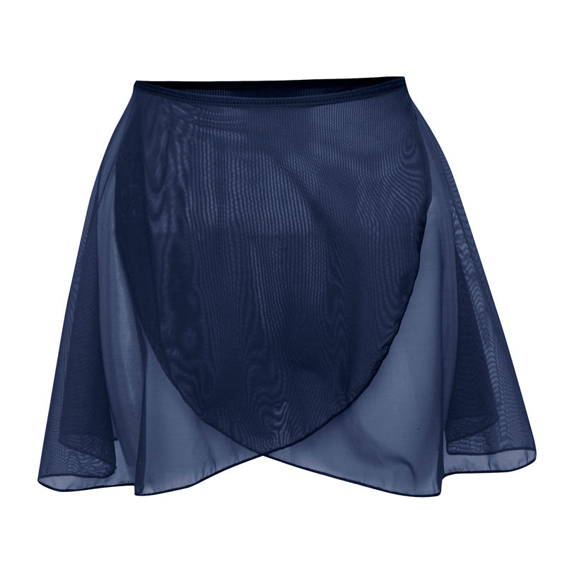 Navy Fleur mesh wrap skirt for RAD Grade 6 and above embodies the balletcore aesthetic with its sheer, ethereal fabric. As official regulation wear, it provides a modern silhouette and breathable comfort for a professional appearance in exams. Crafted as sustainable dancewear, the eco-friendly design features a classic wrap silhouette, ensuring fluid movement and a sophisticated, conscious choice for students.