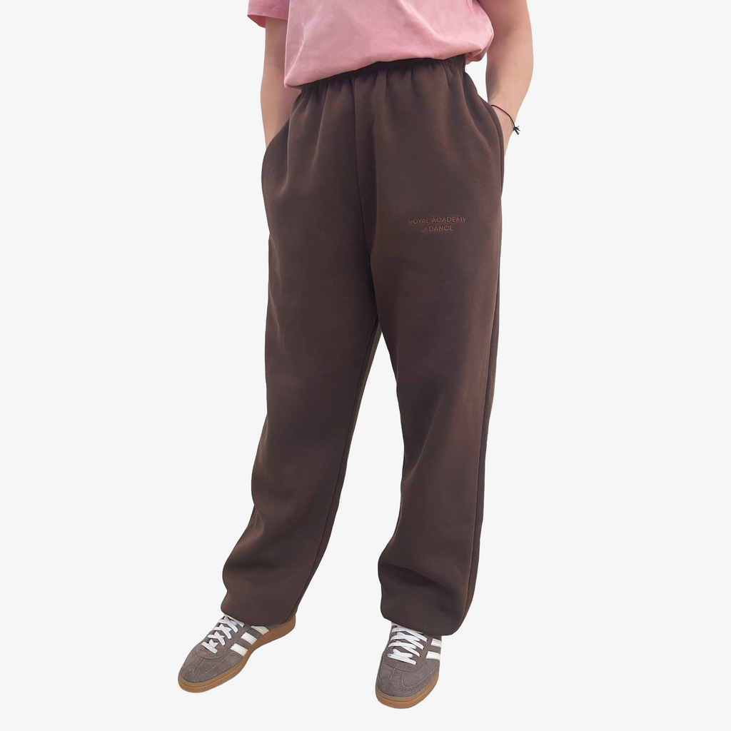 Brown jogger with embroidered " Royal Academy of Dance" logo