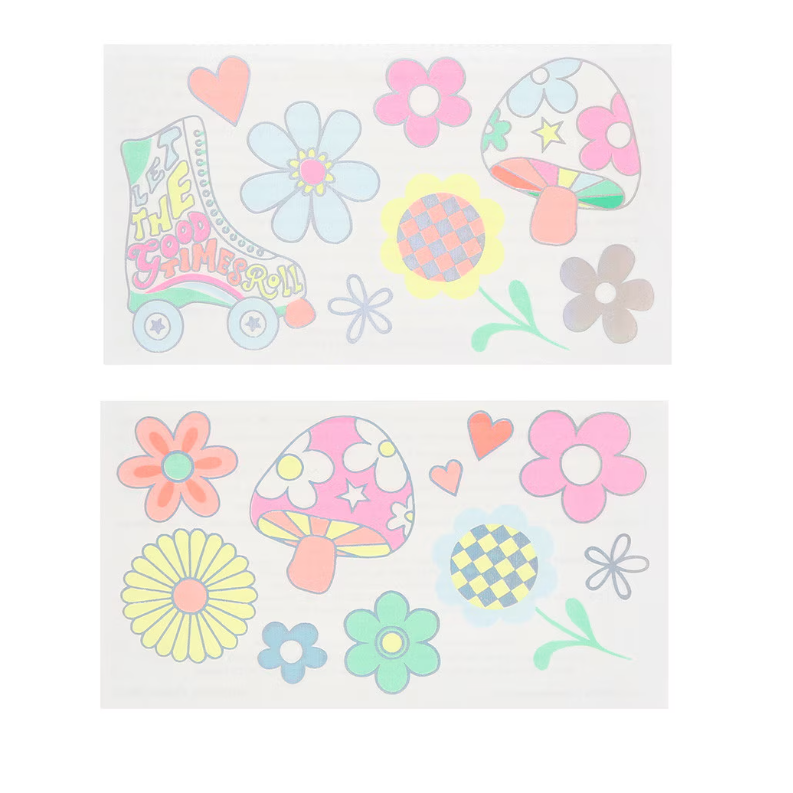 Sheet of colorful temporary tattoos featuring flowers, mushrooms, and a car on a white background.