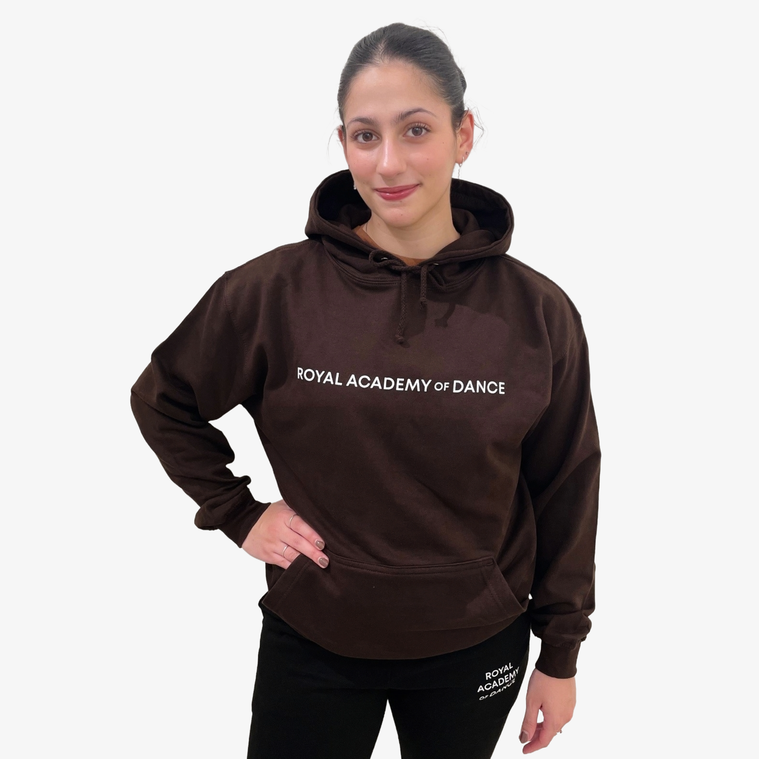 brown hoodie with 'Royal Academy of Dance'  logo in white 