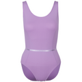 Freed of London Iris leotard in lavender, the official Royal Academy of Dance (RAD) regulation uniform for Grades 1 and 2. This sleeveless leotard features elegant front princess seams and includes a matching color-coordinated elasticated belt. Crafted from sustainable ECONYL® recycled polyamide, the garment represents the 2025 shift toward eco-friendly dancewear while maintaining a traditional, high-performance fit suitable for ballet examinations. It also includes an internal bralet lining in larger sizes