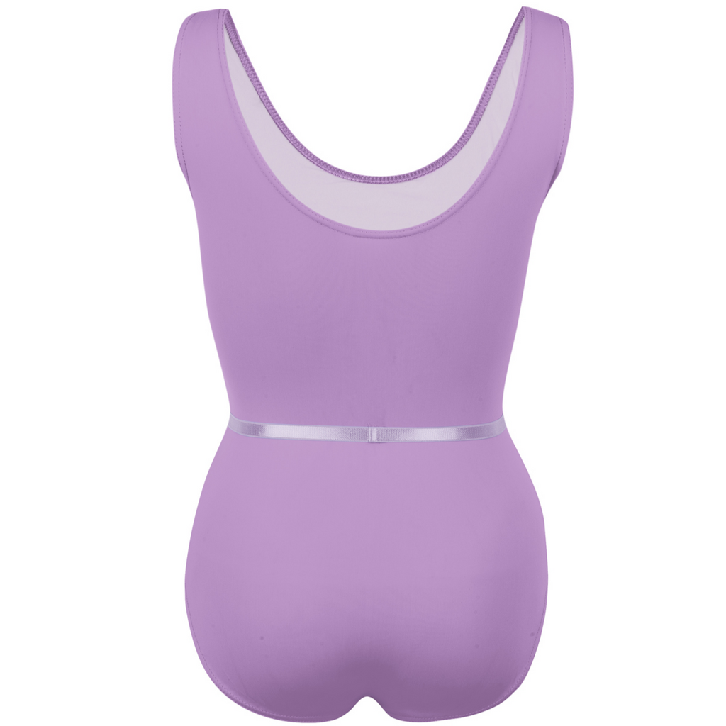 Freed of London Iris leotard in lavender, the official Royal Academy of Dance (RAD) regulation uniform for Grades 1 and 2. This sleeveless leotard features elegant front princess seams and includes a matching color-coordinated elasticated belt. Crafted from sustainable ECONYL® recycled polyamide, the garment represents the 2025 shift toward eco-friendly dancewear while maintaining a traditional, high-performance fit suitable for ballet examinations. It also includes an internal bralet lining in larger sizes