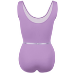 Freed of London Iris leotard in lavender, the official Royal Academy of Dance (RAD) regulation uniform for Grades 1 and 2. This sleeveless leotard features elegant front princess seams and includes a matching color-coordinated elasticated belt. Crafted from sustainable ECONYL® recycled polyamide, the garment represents the 2025 shift toward eco-friendly dancewear while maintaining a traditional, high-performance fit suitable for ballet examinations. It also includes an internal bralet lining in larger sizes