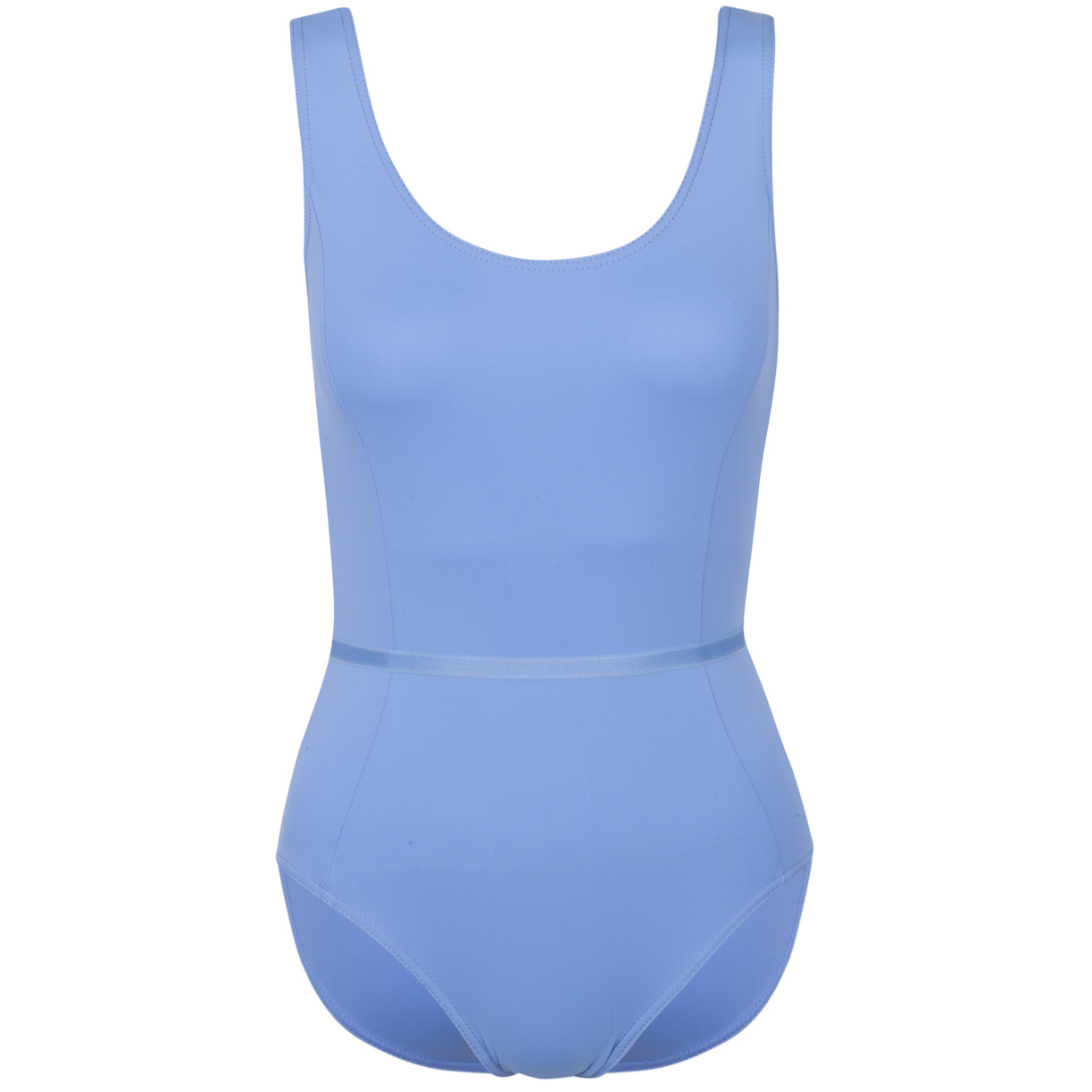 Freed of London Iris leotard in powder blue, the official Royal Academy of Dance regulation uniform for Grades 1 and 2. This sleeveless leotard features elegant front princess seams and includes a matching color-coordinated elasticated belt. Crafted from sustainable ECONYL® recycled polyamide, the garment represents the 2025 shift toward eco-friendly dancewear while maintaining a traditional, high-performance fit suitable for ballet examinations. It also includes an internal bralet lining in larger sizes