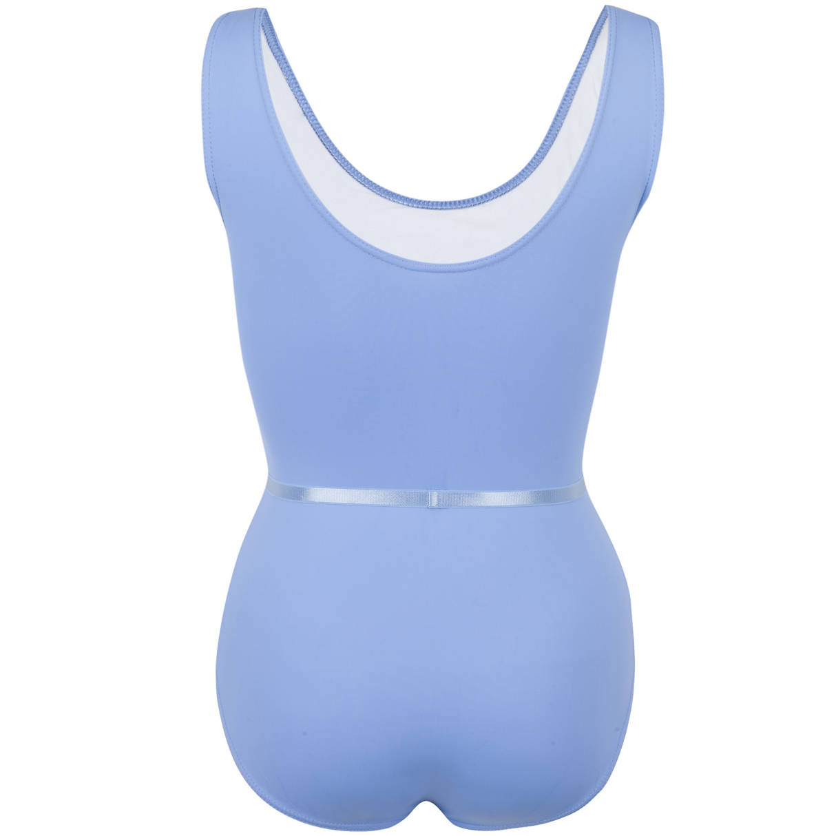 Freed of London Iris leotard in powder blue, the official Royal Academy of Dance regulation uniform for Grades 1 and 2. This sleeveless leotard features elegant front princess seams and includes a matching color-coordinated elasticated belt. Crafted from sustainable ECONYL® recycled polyamide, the garment represents the 2025 shift toward eco-friendly dancewear while maintaining a traditional, high-performance fit suitable for ballet examinations. It also includes an internal bralet lining in larger sizes