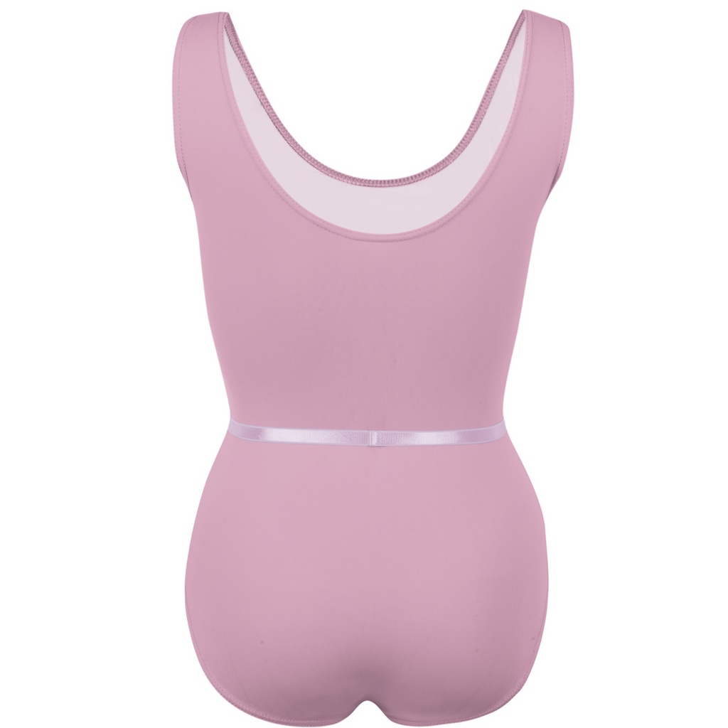Freed of London Iris leotard in rose, the official Royal Academy of Dance (RAD) regulation uniform for Grades 1 and 2. This sleeveless leotard features elegant front princess seams and includes a matching colour-coordinated elasticated belt. Crafted from sustainable ECONYL® recycled polyamide, the garment represents the 2025 shift toward eco-friendly dancewear while maintaining a traditional, high-performance fit suitable for ballet examinations. It also includes an internal bralet lining in larger sizes