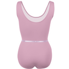 Freed of London Iris leotard in rose, the official Royal Academy of Dance (RAD) regulation uniform for Grades 1 and 2. This sleeveless leotard features elegant front princess seams and includes a matching colour-coordinated elasticated belt. Crafted from sustainable ECONYL® recycled polyamide, the garment represents the 2025 shift toward eco-friendly dancewear while maintaining a traditional, high-performance fit suitable for ballet examinations. It also includes an internal bralet lining in larger sizes
