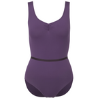 Official RAD Grade 3-5 female ballet uniform: the Freed of London Ivy leotard in Damson. This regulation piece features a sleeveless tank design with a ruched front and matching belt. Made from sustainable ECONYL recycled fabric. Designed for Royal Academy of Dance exams, it combines high-performance recycled materials with a professional, supportive fit for young dancers.