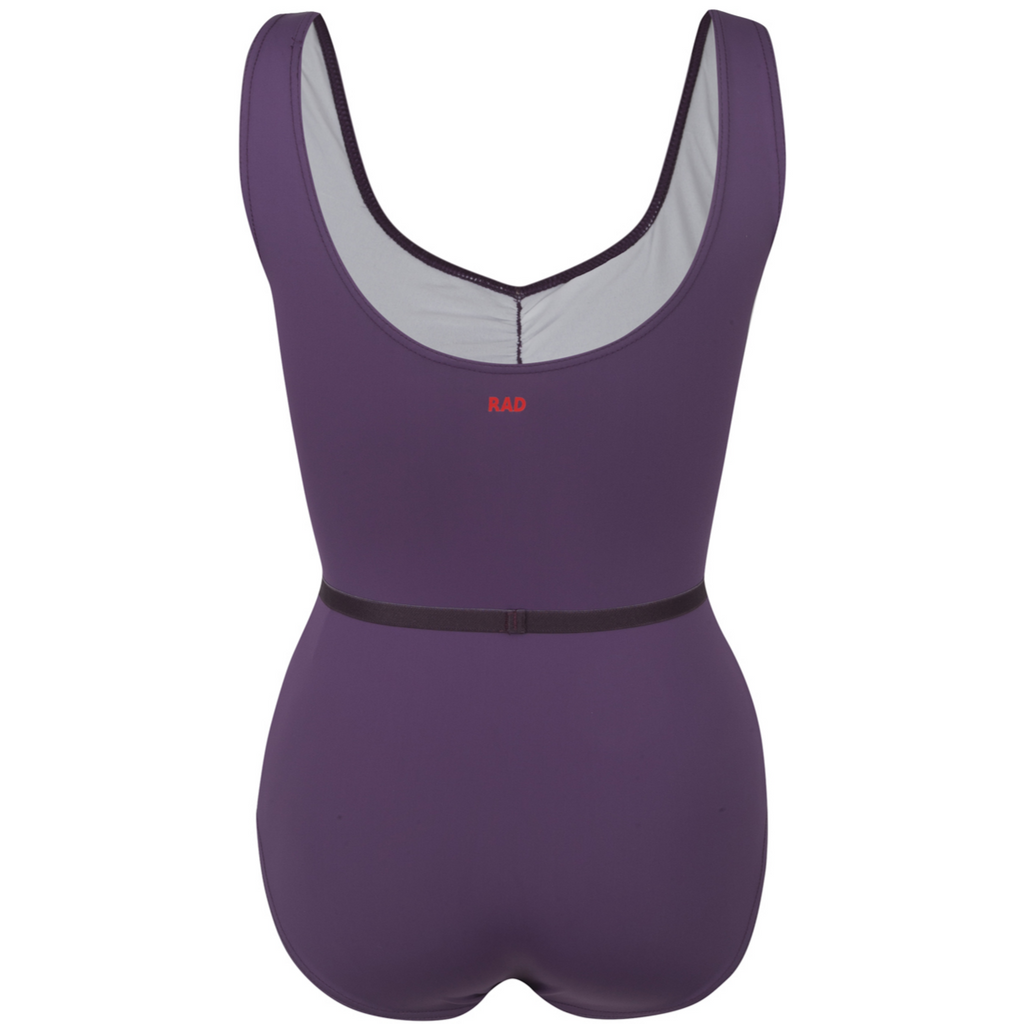 Official RAD Grade 3-5 female ballet uniform: the Freed of London Ivy leotard in Damson. This regulation piece features a sleeveless tank design with a ruched front and matching belt. Made from sustainable ECONYL recycled fabric. Designed for Royal Academy of Dance exams, it combines high-performance recycled materials with a professional, supportive fit for young dancers.