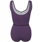 Official RAD Grade 3-5 female ballet uniform: the Freed of London Ivy leotard in Damson. This regulation piece features a sleeveless tank design with a ruched front and matching belt. Made from sustainable ECONYL recycled fabric. Designed for Royal Academy of Dance exams, it combines high-performance recycled materials with a professional, supportive fit for young dancers.