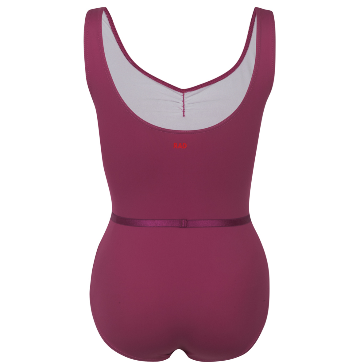 Official RAD Grade 3-5 female ballet uniform: the Freed of London Ivy leotard in Mulberry. This regulation piece features a sleeveless tank design with a ruched front and matching belt. Made from sustainable ECONYL recycled fabric. Designed for Royal Academy of Dance exams, it combines high-performance recycled materials with a professional, supportive fit for young dancers.