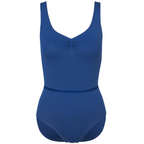Official RAD Grade 3-5 female ballet uniform: the Freed of London Ivy leotard in royal. This regulation piece features a sleeveless tank design with a ruched front and matching belt. Made from sustainable ECONYL recycled fabric. Designed for Royal Academy of Dance exams, it combines high-performance recycled materials with a professional, supportive fit for young dancers.