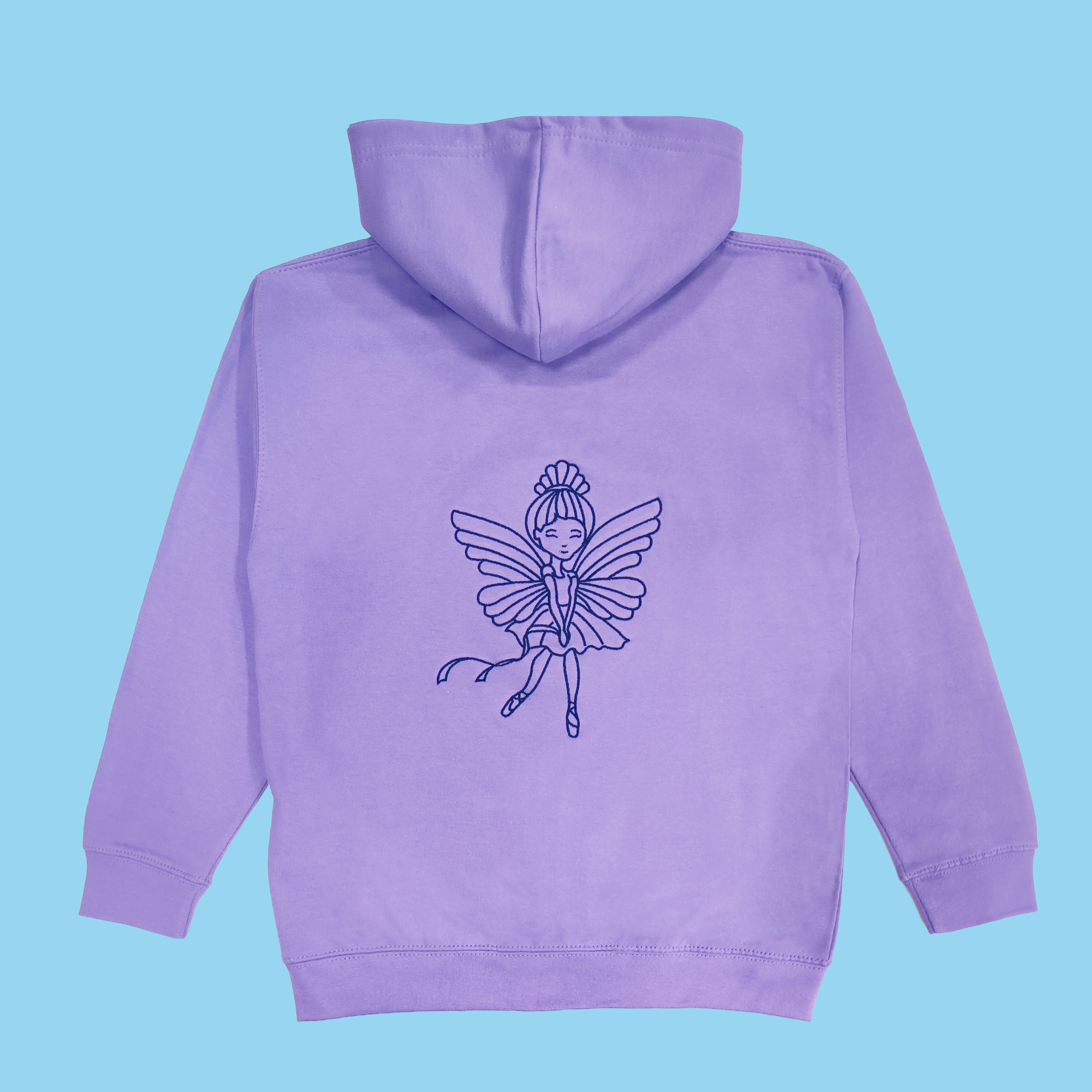 Purple hoodie with an embroidered fairy ballerina design on the back, Royal Academy of Dance