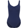 Navy Laurel leotard is the official RAD uniform for Grades 6 and above, reflecting sustainable dancewear focus. Made from recycled ECONYL fabric, the sleeveless design features a ruched front and princess seams. Creating a professional balletcore aesthetic, this high-performance piece offers a modern silhouette and breathable comfort for exams and studio training