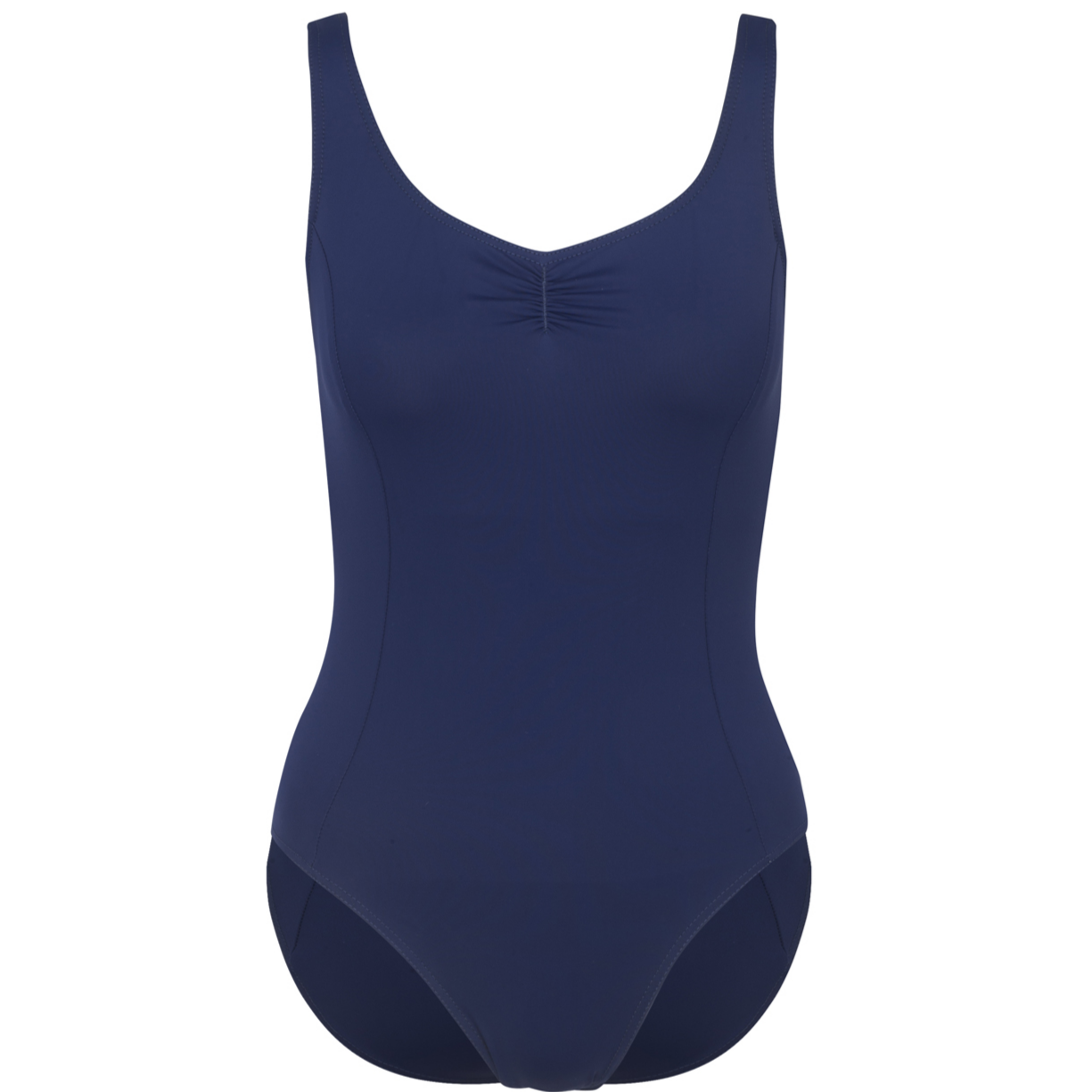 Navy Laurel leotard is the official RAD uniform for Grades 6 and above, reflecting sustainable dancewear focus. Made from recycled ECONYL fabric, the sleeveless design features a ruched front and princess seams. Creating a professional balletcore aesthetic, this high-performance piece offers a modern silhouette and breathable comfort for exams and studio training