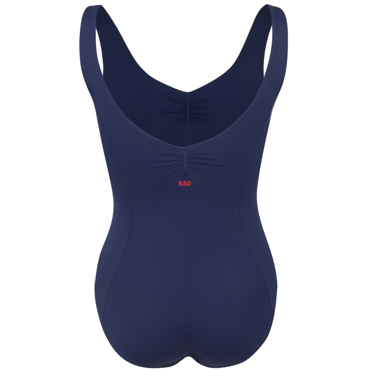 Navy Laurel leotard is the official RAD uniform for Grades 6 and above, reflecting sustainable dancewear focus. Made from recycled ECONYL fabric, the sleeveless design features a ruched front and princess seams. Creating a professional balletcore aesthetic, this high-performance piece offers a modern silhouette and breathable comfort for exams and studio training