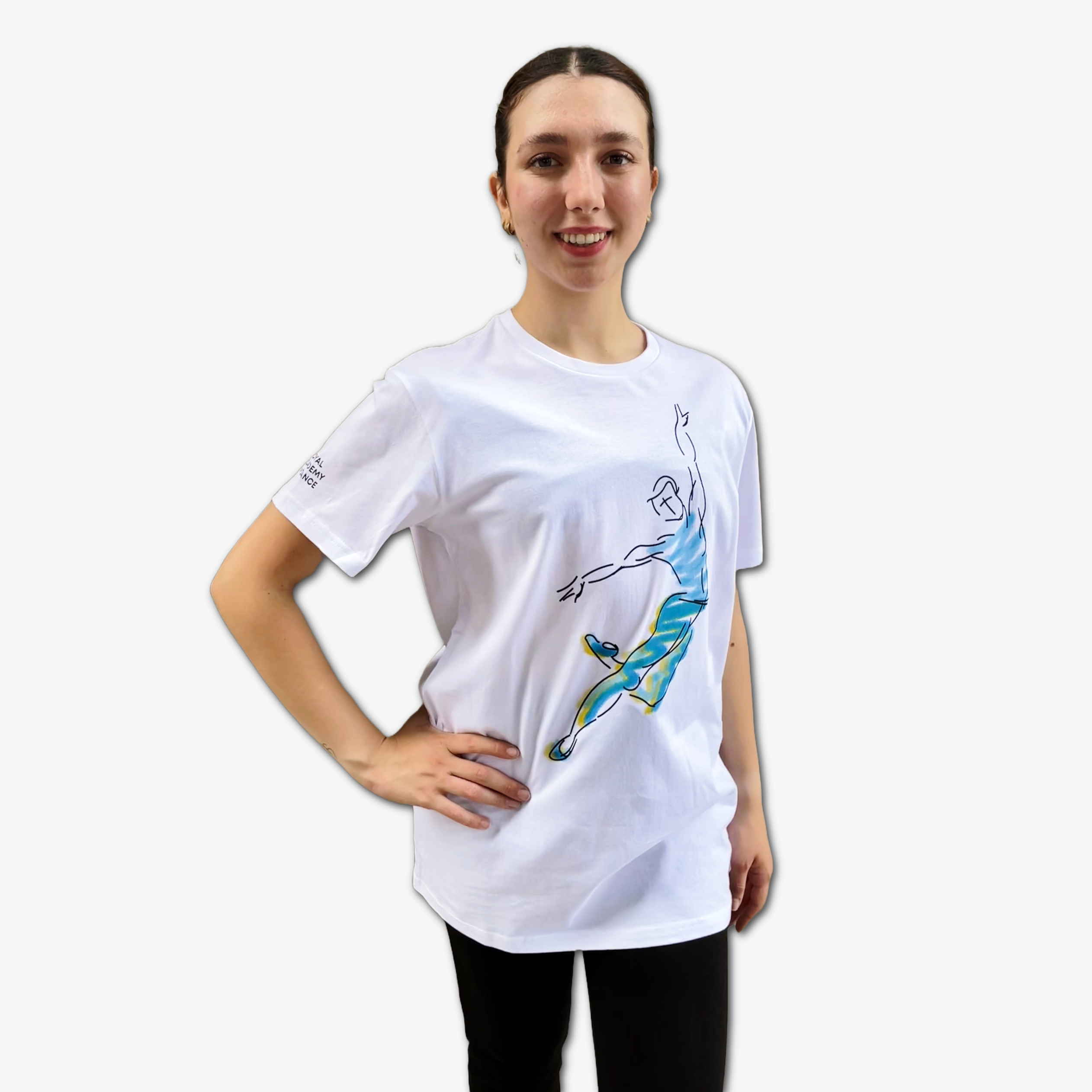 Unisex white t-shirt with a blue and green watercolour leaping male design, Royal Academy of Dance