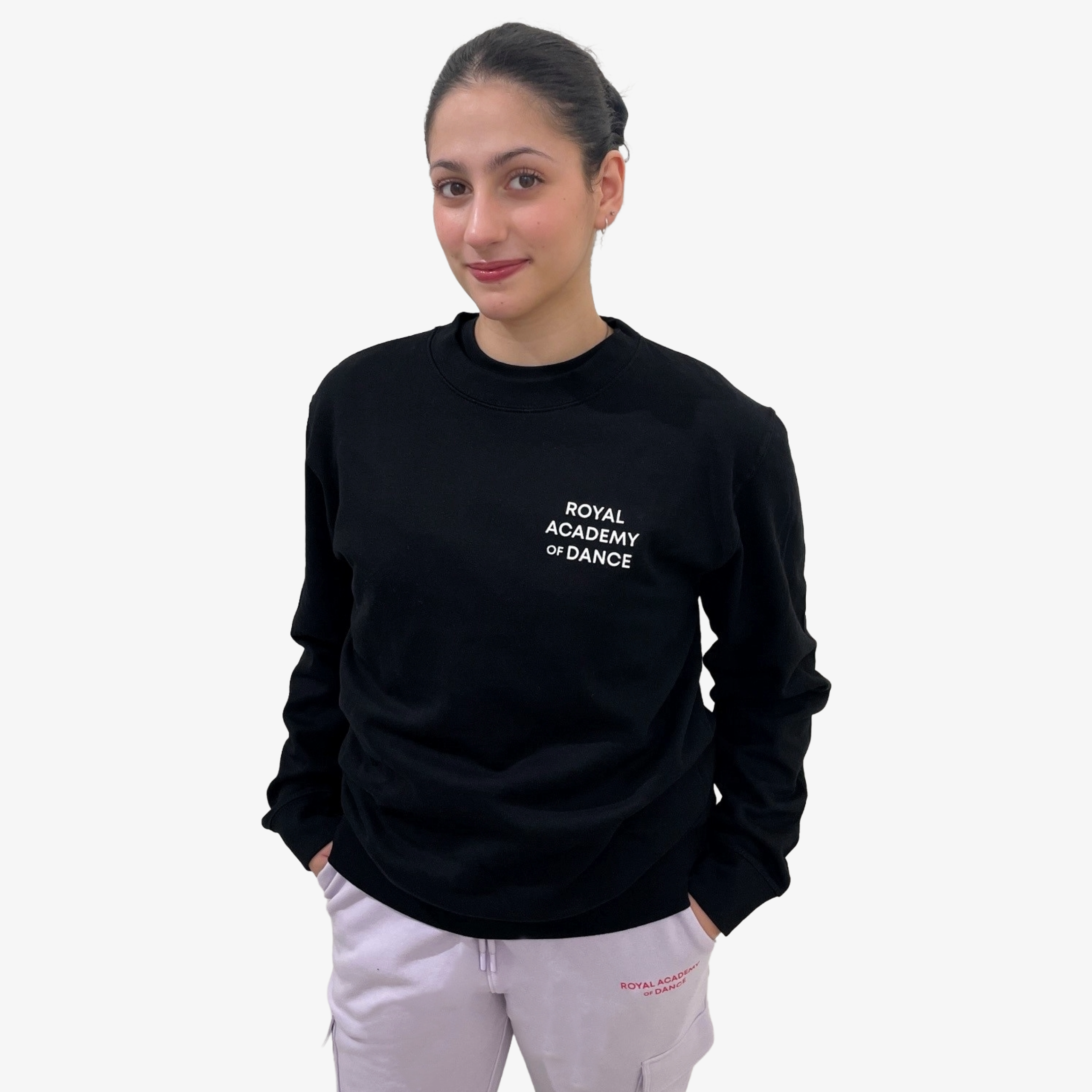 black sweatshirt with 'Royal Academy of Dance' logo in white on left chest