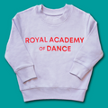 Kids pale lilac sweatshirt with 'Royal Academy of Dance' logo in red