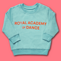 Kids green sweatshirt with 'Royal Academy of Dance' logo in red