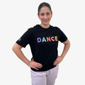 black t-shirt with 'DANCE' in colourful block letters, Royal Academy of Dance