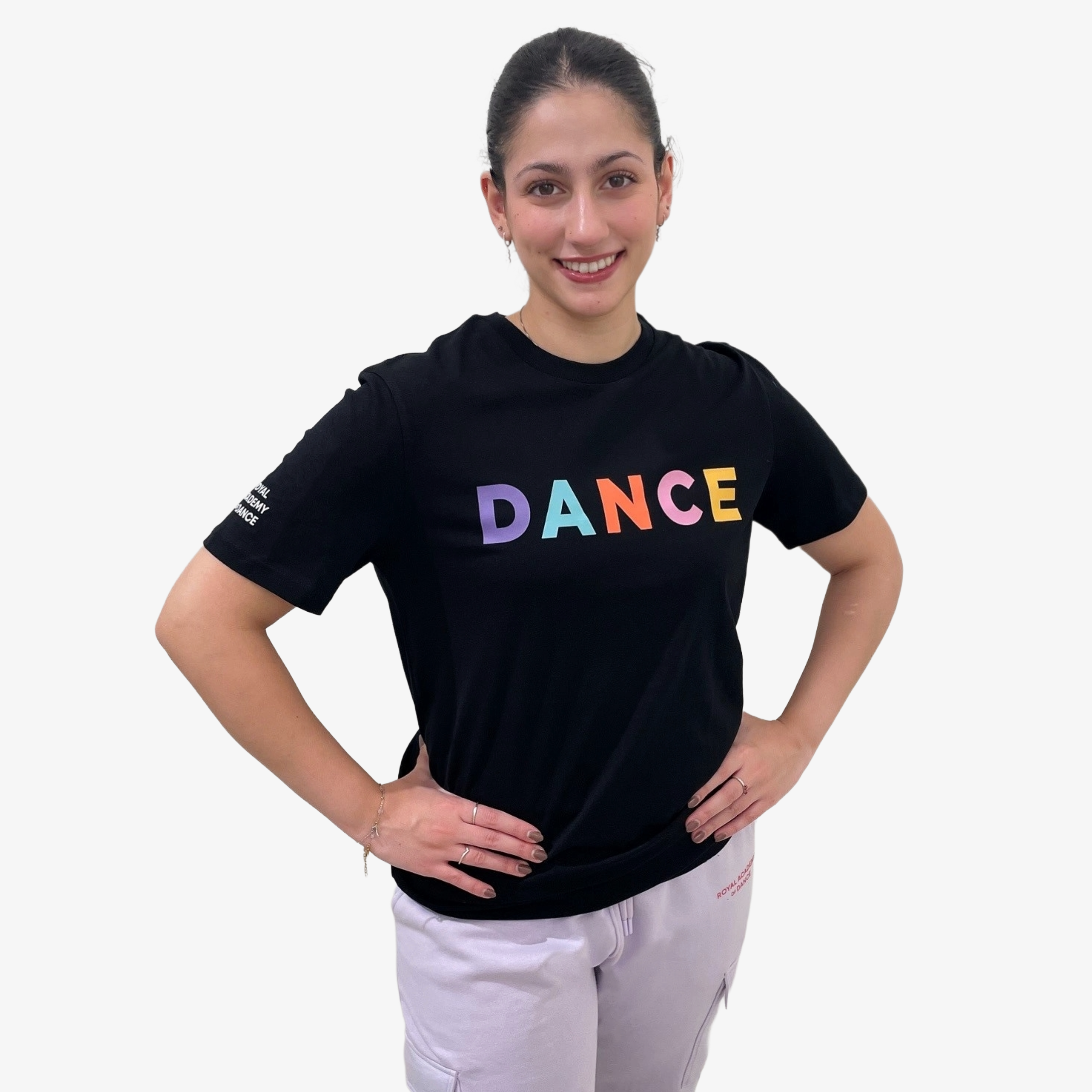 black t-shirt with 'DANCE' in colourful block letters, Royal Academy of Dance