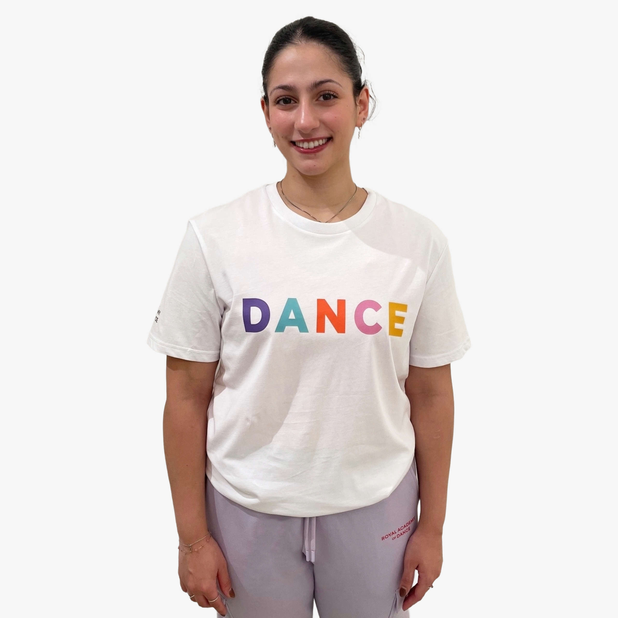 white t-shirt with 'DANCE' in colourful block letters, Royal Academy of Dance