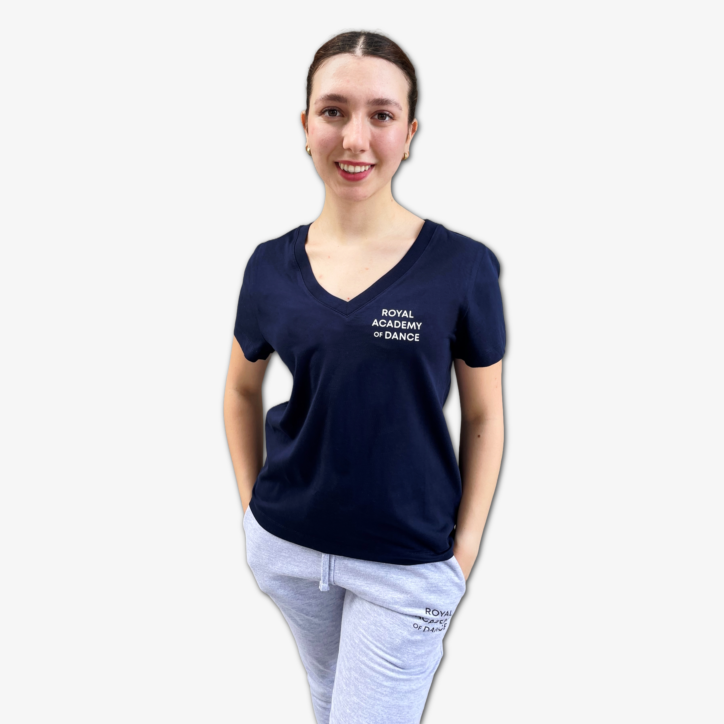 Navy blue t-shirt with a Royal Academy of Dance logo on left chest area