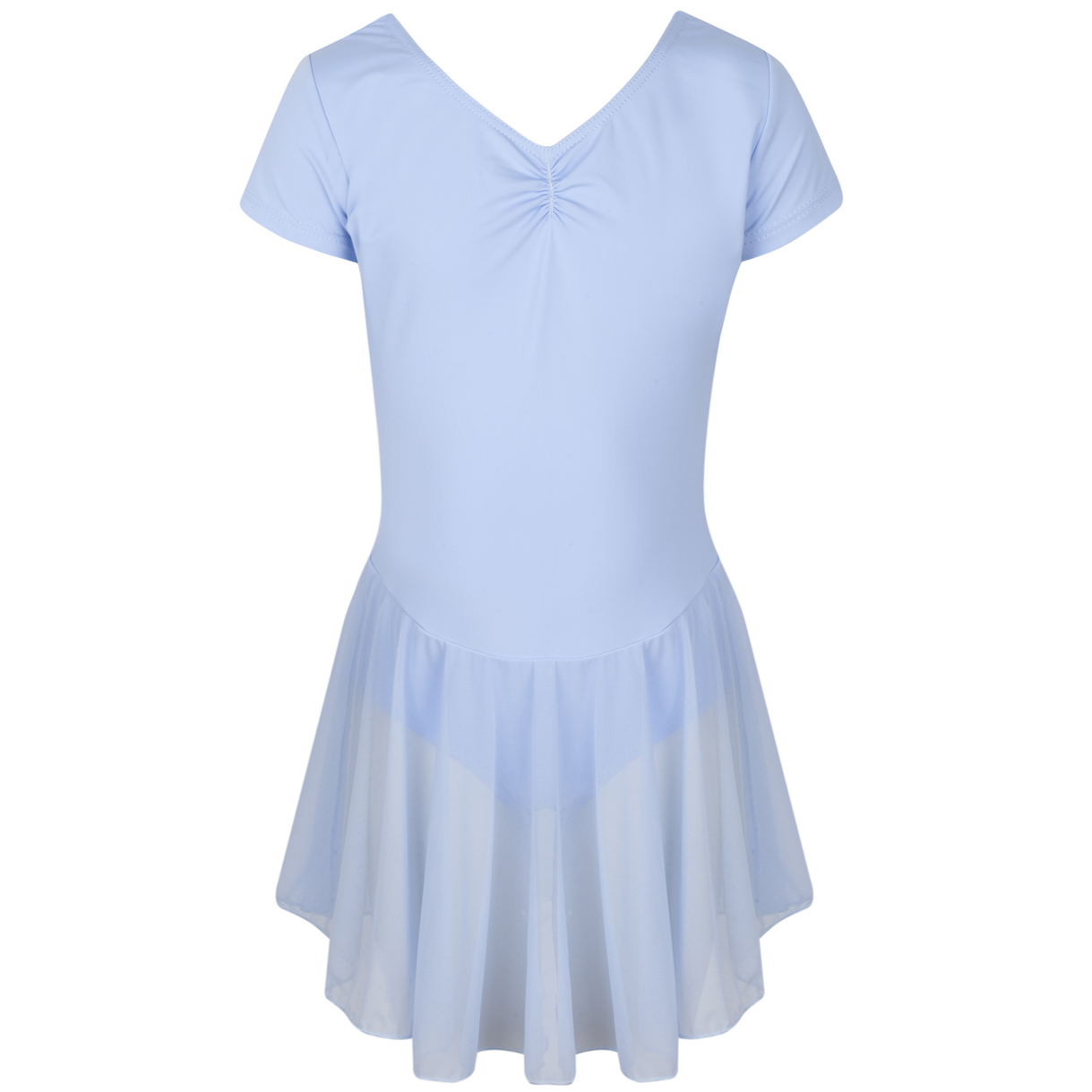 Freed of London Peony leotard in pale blue, featuring an attached sheer mesh skirt and a delicate ruched (gathered) front detail. This RAD-approved regulation piece for Pre-Primary and Primary grades is made from sustainable ECONYL® recycled polyamide, offering a graceful, all-in-one silhouette for young dancers. As part of the 2025 uniform collection, it combines traditional ballet aesthetics with modern recycled material technology.